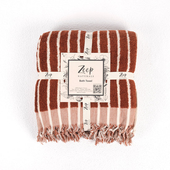 Zeep Naturals | Aegean Collection Striped Bath Towel Sienna Spice | Zeep Naturals brings you handcrafted soaps, organic cotton towels, and artisan kitchen essentials — all inspired by nature. Discover simple, sustainable living with products designed to soothe your senses and your home.