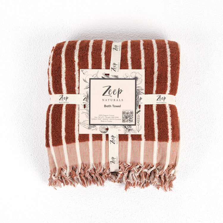 Zeep Naturals | Aegean Collection Striped Bath Towel Sienna Spice | Zeep Naturals brings you handcrafted soaps, organic cotton towels, and artisan kitchen essentials — all inspired by nature. Discover simple, sustainable living with products designed to soothe your senses and your home.