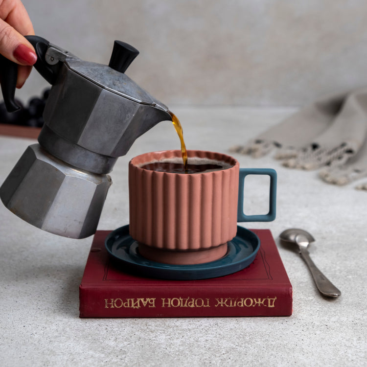 Zeep Naturals | Lydia Collection Modern Ribbed Coffee/Tea Cup with Saucer Blush Teal | Zeep Naturals brings you handcrafted soaps, organic cotton towels, and artisan kitchen essentials — all inspired by nature. Discover simple, sustainable living with products designed to soothe your senses and your home.