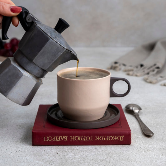 Zeep Naturals | Lydia Collection Modern Conic Coffee/Tea Cup with Saucer Crema Smoke | Zeep Naturals brings you handcrafted soaps, organic cotton towels, and artisan kitchen essentials — all inspired by nature. Discover simple, sustainable living with products designed to soothe your senses and your home.