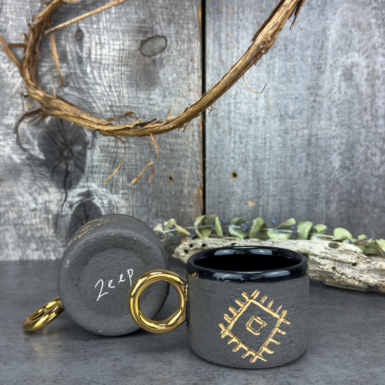 Zeep Naturals | Stoneware Handmade Espresso Cup with Handle | Evil Eye | Zeep Naturals brings you handcrafted soaps, organic cotton towels, and artisan kitchen essentials — all inspired by nature. Discover simple, sustainable living with products designed to soothe your senses and your home.