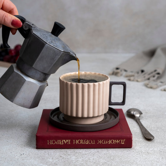 Zeep Naturals | Lydia Collection Modern Ribbed Coffee/Tea Cup with Saucer Crema Smoke | Zeep Naturals brings you handcrafted soaps, organic cotton towels, and artisan kitchen essentials — all inspired by nature. Discover simple, sustainable living with products designed to soothe your senses and your home.