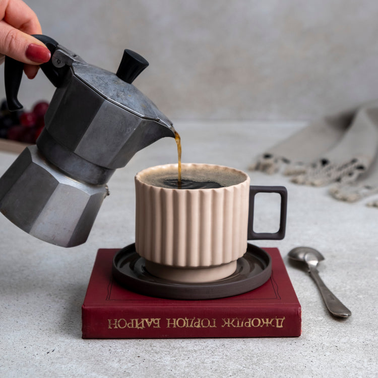 Zeep Naturals | Lydia Collection Modern Ribbed Coffee/Tea Cup with Saucer Crema Smoke | Zeep Naturals brings you handcrafted soaps, organic cotton towels, and artisan kitchen essentials — all inspired by nature. Discover simple, sustainable living with products designed to soothe your senses and your home.