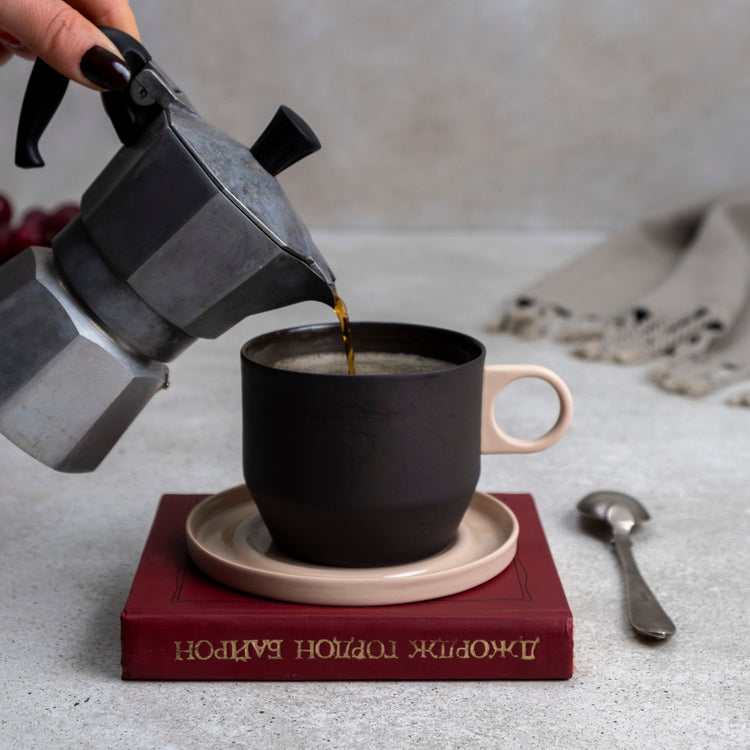 Zeep Naturals | Lydia Collection Modern Conic Coffee/Tea Cup with Saucer Smoke Crema | Zeep Naturals brings you handcrafted soaps, organic cotton towels, and artisan kitchen essentials — all inspired by nature. Discover simple, sustainable living with products designed to soothe your senses and your home.