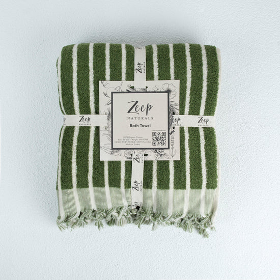 Zeep Naturals | Aegean Collection Striped Bath Towel Aegean Olive | Zeep Naturals brings you handcrafted soaps, organic cotton towels, and artisan kitchen essentials — all inspired by nature. Discover simple, sustainable living with products designed to soothe your senses and your home.