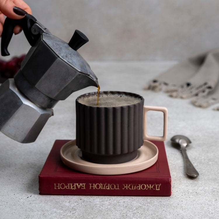 Zeep Naturals | Lydia Collection Modern Ribbed Coffee/Tea Cup with Saucer Smoke Crema | Zeep Naturals brings you handcrafted soaps, organic cotton towels, and artisan kitchen essentials — all inspired by nature. Discover simple, sustainable living with products designed to soothe your senses and your home.
