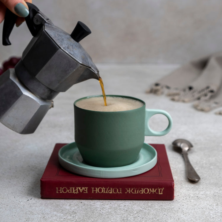 Zeep Naturals | Lydia Collection Modern Conic Coffee/Tea Cup with Saucer Sage Fern | Zeep Naturals brings you handcrafted soaps, organic cotton towels, and artisan kitchen essentials — all inspired by nature. Discover simple, sustainable living with products designed to soothe your senses and your home.