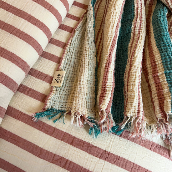 Zeep Naturals | Muslin Bedspreads/Blankets Multi Stripe Spruce | Zeep Naturals brings you handcrafted soaps, organic cotton towels, and artisan kitchen essentials — all inspired by nature. Discover simple, sustainable living with products designed to soothe your senses and your home.