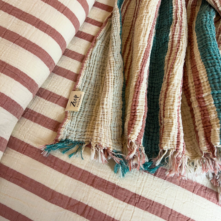 Zeep Naturals | Muslin Cotton Bedspreads/Blankets Multi Stripe Spruce | Zeep Naturals brings you handcrafted soaps, organic cotton towels, and artisan kitchen essentials — all inspired by nature. Discover simple, sustainable living with products designed to soothe your senses and your home.