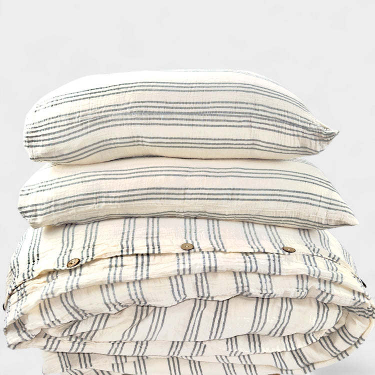 Zeep Naturals | Thin Striped Muslin Duvet/Comforter Sets Flint Gray | Zeep Naturals brings you handcrafted soaps, organic cotton towels, and artisan kitchen essentials — all inspired by nature. Discover simple, sustainable living with products designed to soothe your senses and your home.