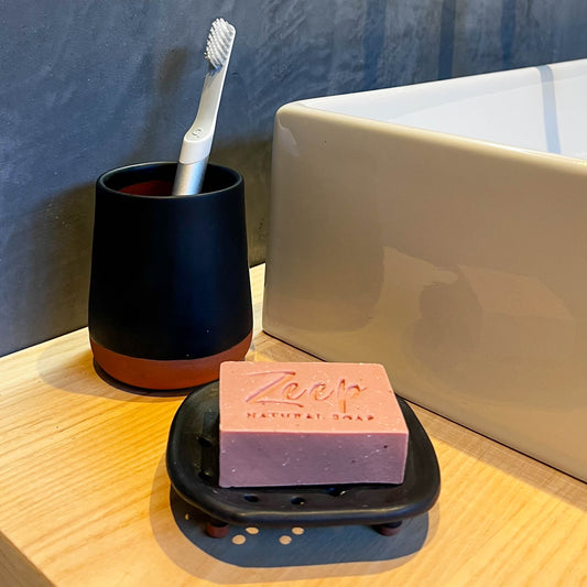 Zeep Naturals | Dardanelle Toothbrush Holders and Soap Coasters Black | Zeep Naturals brings you handcrafted soaps, organic cotton towels, and artisan kitchen essentials — all inspired by nature. Discover simple, sustainable living with products designed to soothe your senses and your home.
