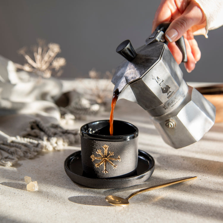 Zeep Naturals | Stoneware Handmade 2-Piece Espresso Cup | Snowflake | Zeep Naturals brings you handcrafted soaps, organic cotton towels, and artisan kitchen essentials — all inspired by nature. Discover simple, sustainable living with products designed to soothe your senses and your home.