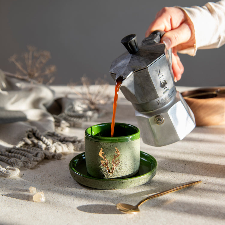 Zeep Naturals | Stoneware Handmade 2-Piece Espresso Cup | Deer | Zeep Naturals brings you handcrafted soaps, organic cotton towels, and artisan kitchen essentials — all inspired by nature. Discover simple, sustainable living with products designed to soothe your senses and your home.
