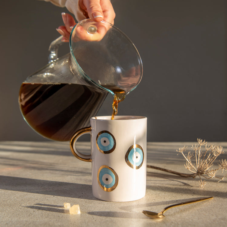 Zeep Naturals | White Ceramic Evil Eye Coffee/Tea Cups | Zeep Naturals brings you handcrafted soaps, organic cotton towels, and artisan kitchen essentials — all inspired by nature. Discover simple, sustainable living with products designed to soothe your senses and your home.