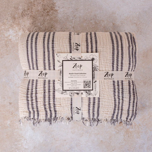Zeep Naturals | Muslin Cloud Signature Coverlet Set Soft Stripe Grey | Zeep Naturals brings you handcrafted soaps, organic cotton towels, and artisan kitchen essentials — all inspired by nature. Discover simple, sustainable living with products designed to soothe your senses and your home.