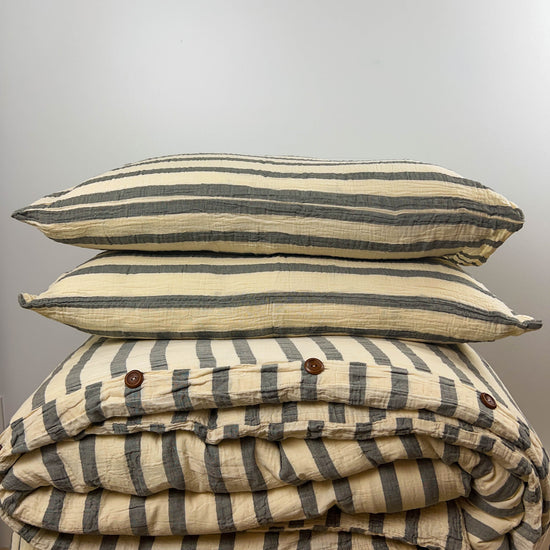 Zeep Naturals | Thick Striped Muslin Duvet/Comforter Sets Grey | Catskills-inspired artisan natural soaps, luxurious Turkish towels, bathrobes, throws, and bedding. Discover handmade coffee cups, milk dispensers, and olive wood kitchen utensils—crafted with care for your home