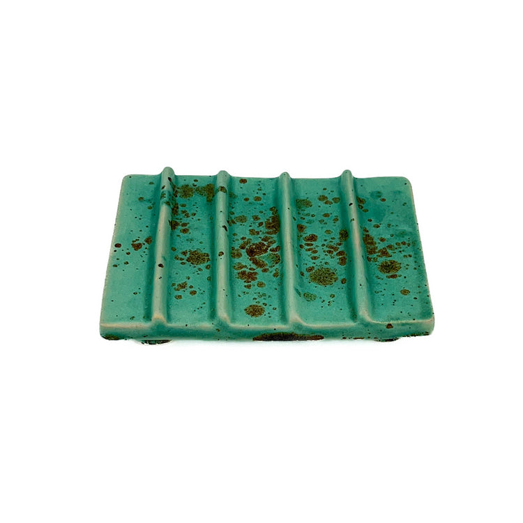 Zeep Naturals | Asitane Soap Coasters and Toothbrush Holders Matte Aqua with Brown Fleckers | Catskills-inspired artisan natural soaps, luxurious Turkish towels, bathrobes, throws, and bedding. Discover handmade coffee cups, milk dispensers, and olive wood kitchen utensils—crafted with care for your home