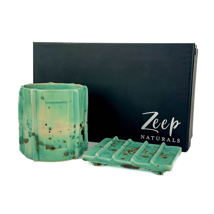 Zeep Naturals | Asitane Soap Coasters and Toothbrush Holders Matte Aqua with Brown Fleckers | Catskills-inspired artisan natural soaps, luxurious Turkish towels, bathrobes, throws, and bedding. Discover handmade coffee cups, milk dispensers, and olive wood kitchen utensils—crafted with care for your home