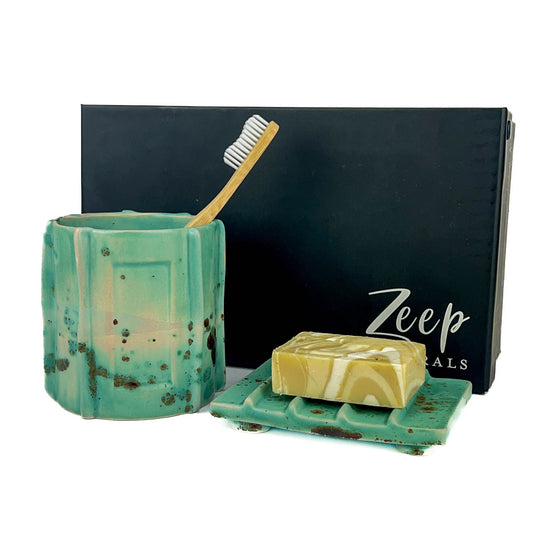 Zeep Naturals | Asitane Soap Coasters and Toothbrush Holders Matte Aqua with Brown Fleckers | Catskills-inspired artisan natural soaps, luxurious Turkish towels, bathrobes, throws, and bedding. Discover handmade coffee cups, milk dispensers, and olive wood kitchen utensils—crafted with care for your home