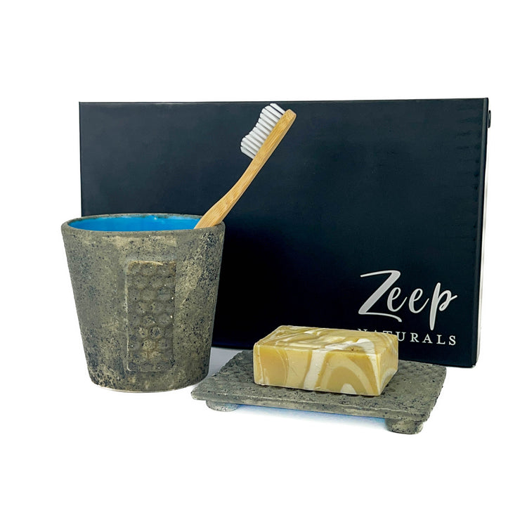 Zeep Naturals | Asitane Soap Coasters and Toothbrush Holders Moss with Aqua | Catskills-inspired artisan natural soaps, luxurious Turkish towels, bathrobes, throws, and bedding. Discover handmade coffee cups, milk dispensers, and olive wood kitchen utensils—crafted with care for your home