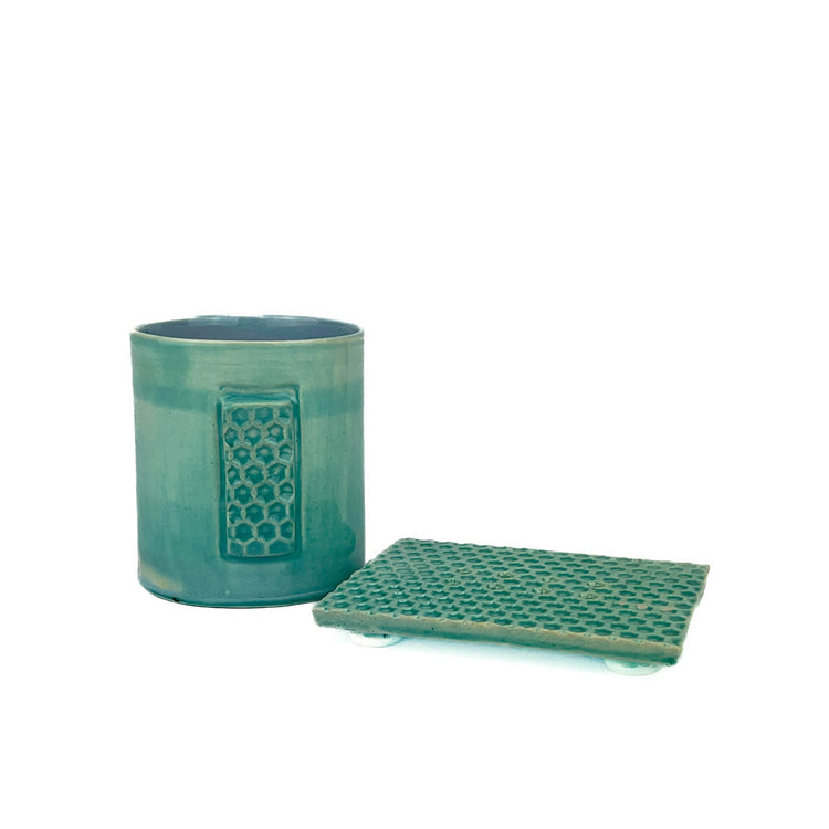 Zeep Naturals | Asitane Soap Coasters and Toothbrush Holders Glossy Aqua | Catskills-inspired artisan natural soaps, luxurious Turkish towels, bathrobes, throws, and bedding. Discover handmade coffee cups, milk dispensers, and olive wood kitchen utensils—crafted with care for your home