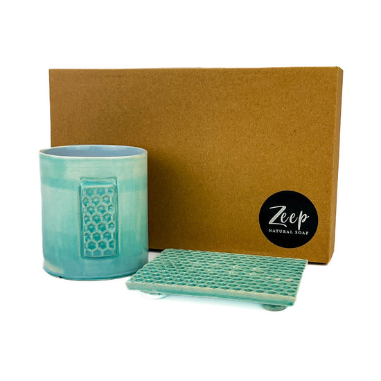 Zeep Naturals | Asitane Soap Coasters and Toothbrush Holders Glossy Aqua | Catskills-inspired artisan natural soaps, luxurious Turkish towels, bathrobes, throws, and bedding. Discover handmade coffee cups, milk dispensers, and olive wood kitchen utensils—crafted with care for your home