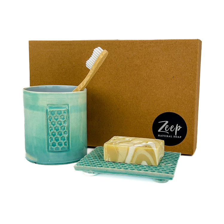 Zeep Naturals | Asitane Soap Coasters and Toothbrush Holders Glossy Aqua | Catskills-inspired artisan natural soaps, luxurious Turkish towels, bathrobes, throws, and bedding. Discover handmade coffee cups, milk dispensers, and olive wood kitchen utensils—crafted with care for your home