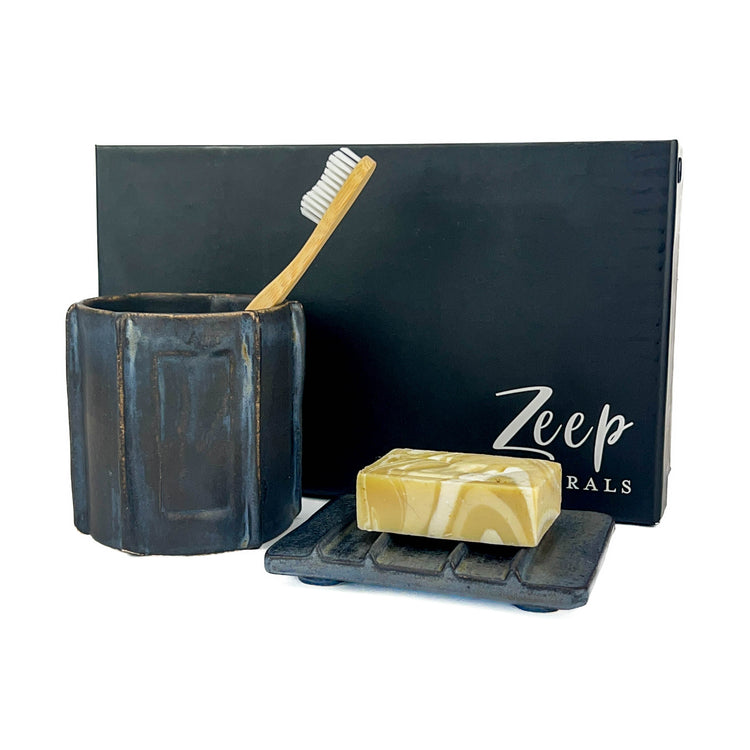 Zeep Naturals | Asitane Soap Coasters and Toothbrush Holders Matte Black with Copper Shimmer | Catskills-inspired artisan natural soaps, luxurious Turkish towels, bathrobes, throws, and bedding. Discover handmade coffee cups, milk dispensers, and olive wood kitchen utensils—crafted with care for your home