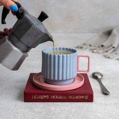 Zeep Naturals | Lydia Collection Modern Ribbed Coffee/Tea Cup with Saucer Mistral Pink | Zeep Naturals brings you handcrafted soaps, organic cotton towels, and artisan kitchen essentials — all inspired by nature. Discover simple, sustainable living with products designed to soothe your senses and your home.