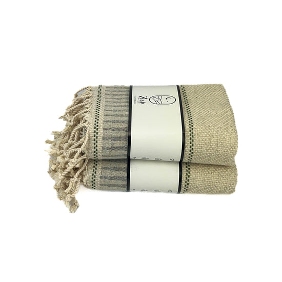 Zeep Naturals | Backgammon Towels Gray-Green Border | Catskills-inspired artisan natural soaps, luxurious Turkish towels, bathrobes, throws, and bedding. Discover handmade coffee cups, milk dispensers, and olive wood kitchen utensils—crafted with care for your home