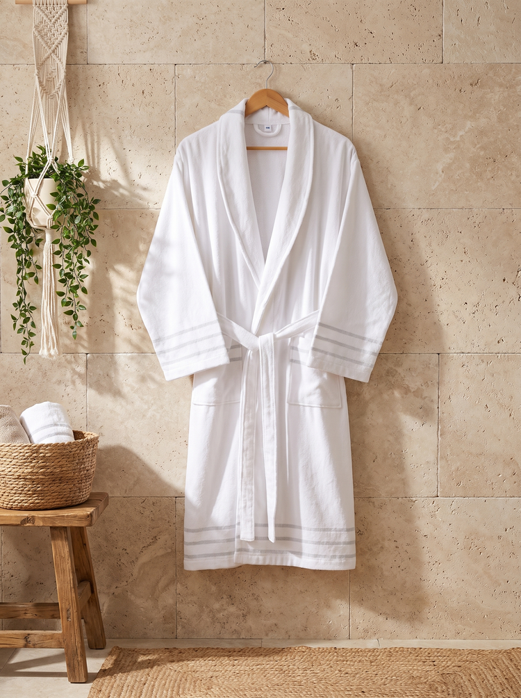 Arden Lounging Robes - Cloud Stripe - Beyaz Bornoz04