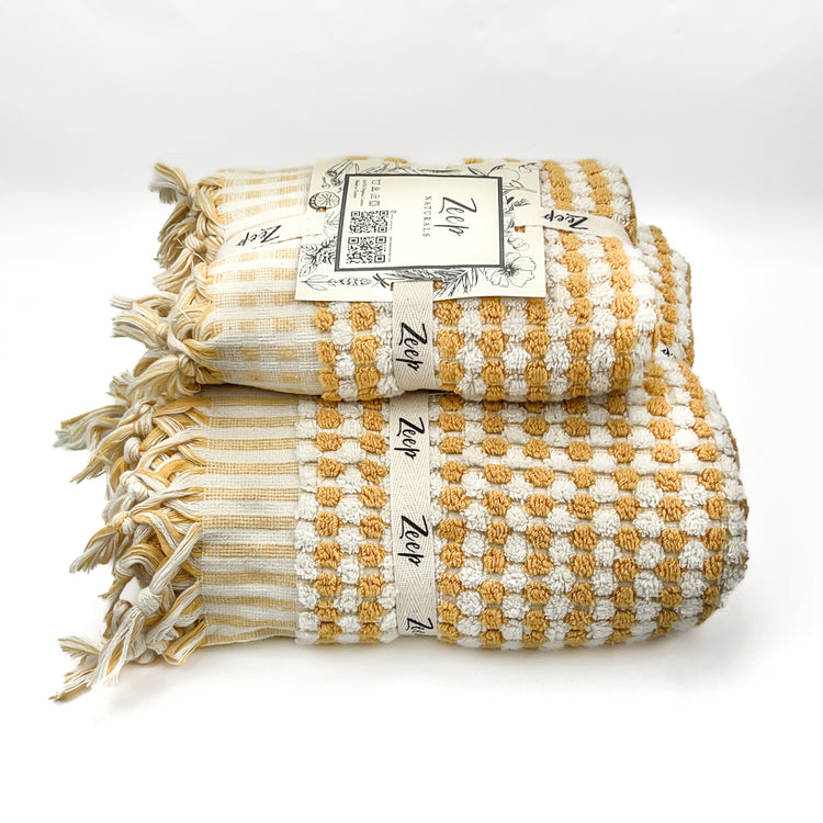 Zeep Naturals | Chickpea Towels Goldenrod Set | Catskills-inspired artisan natural soaps, luxurious Turkish towels, bathrobes, throws, and bedding. Discover handmade coffee cups, milk dispensers, and olive wood kitchen utensils—crafted with care for your home