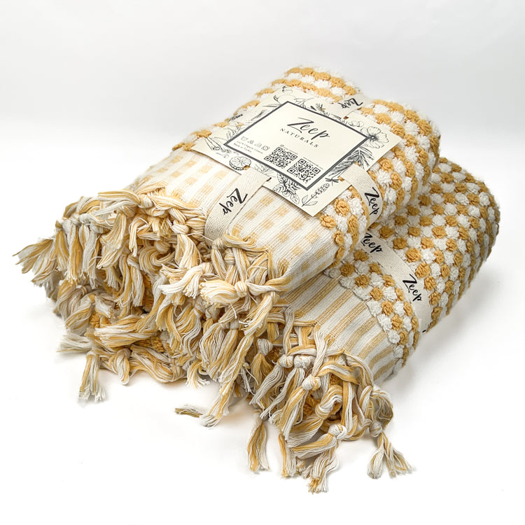 Zeep Naturals | Chickpea Towels Goldenrod Set | Catskills-inspired artisan natural soaps, luxurious Turkish towels, bathrobes, throws, and bedding. Discover handmade coffee cups, milk dispensers, and olive wood kitchen utensils—crafted with care for your home