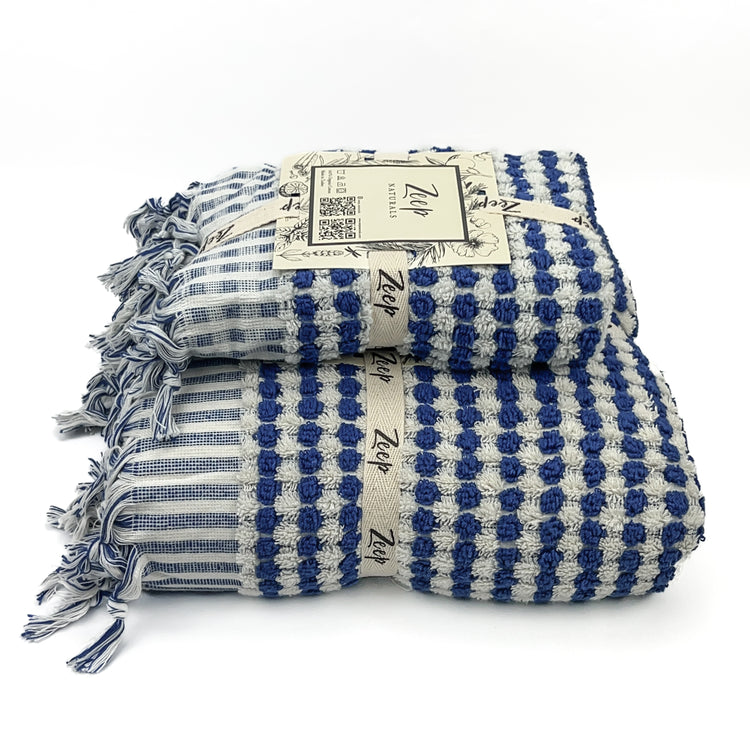 Zeep Naturals | Chickpea Towels Indigo Set | Catskills-inspired artisan natural soaps, luxurious Turkish towels, bathrobes, throws, and bedding. Discover handmade coffee cups, milk dispensers, and olive wood kitchen utensils—crafted with care for your home