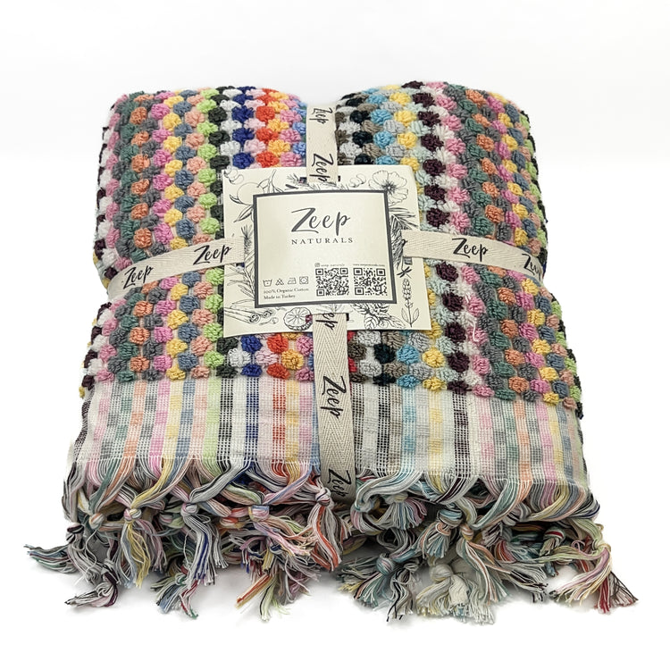 Zeep Naturals | Chickpea Towels Rainbow with fringes Bath | Catskills-inspired artisan natural soaps, luxurious Turkish towels, bathrobes, throws, and bedding. Discover handmade coffee cups, milk dispensers, and olive wood kitchen utensils—crafted with care for your home