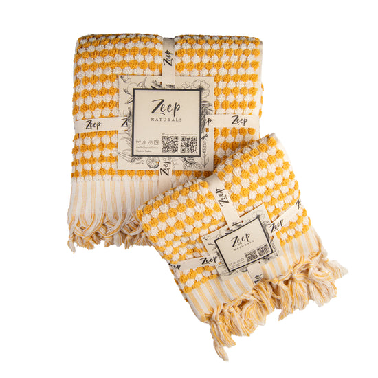 Zeep Naturals | Chickpea Towels Goldenrod Set | Catskills-inspired artisan natural soaps, luxurious Turkish towels, bathrobes, throws, and bedding. Discover handmade coffee cups, milk dispensers, and olive wood kitchen utensils—crafted with care for your home