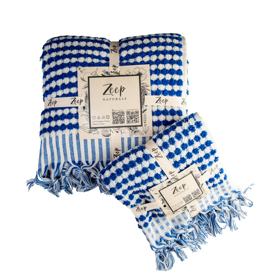 Zeep Naturals | Chickpea Towels Indigo Set | Catskills-inspired artisan natural soaps, luxurious Turkish towels, bathrobes, throws, and bedding. Discover handmade coffee cups, milk dispensers, and olive wood kitchen utensils—crafted with care for your home