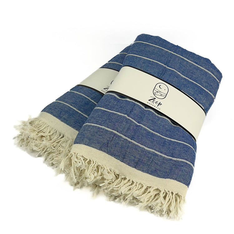 Zeep Naturals | Double Face Towels Striped - Navy | Catskills-inspired artisan natural soaps, luxurious Turkish towels, bathrobes, throws, and bedding. Discover handmade coffee cups, milk dispensers, and olive wood kitchen utensils—crafted with care for your home