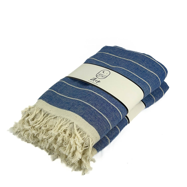 Zeep Naturals | Double Face Towels Striped - Navy | Catskills-inspired artisan natural soaps, luxurious Turkish towels, bathrobes, throws, and bedding. Discover handmade coffee cups, milk dispensers, and olive wood kitchen utensils—crafted with care for your home