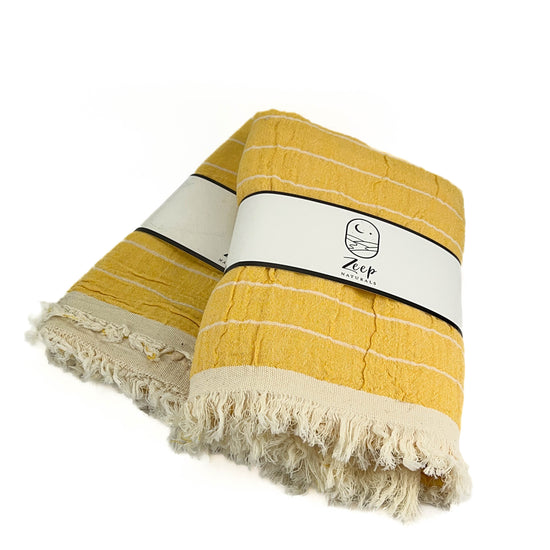 Zeep Naturals | Double Face Towels Striped - Yellow | Catskills-inspired artisan natural soaps, luxurious Turkish towels, bathrobes, throws, and bedding. Discover handmade coffee cups, milk dispensers, and olive wood kitchen utensils—crafted with care for your home