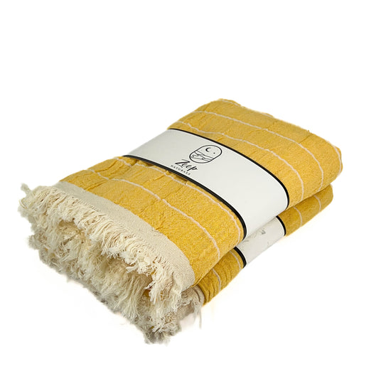 Zeep Naturals | Double Face Towels Striped - Yellow | Catskills-inspired artisan natural soaps, luxurious Turkish towels, bathrobes, throws, and bedding. Discover handmade coffee cups, milk dispensers, and olive wood kitchen utensils—crafted with care for your home