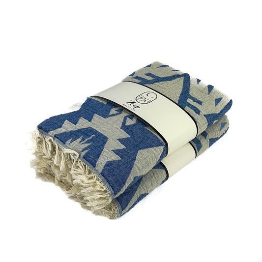 Zeep Naturals | Double Face Towels Traditional Kilim - Blue | Catskills-inspired artisan natural soaps, luxurious Turkish towels, bathrobes, throws, and bedding. Discover handmade coffee cups, milk dispensers, and olive wood kitchen utensils—crafted with care for your home