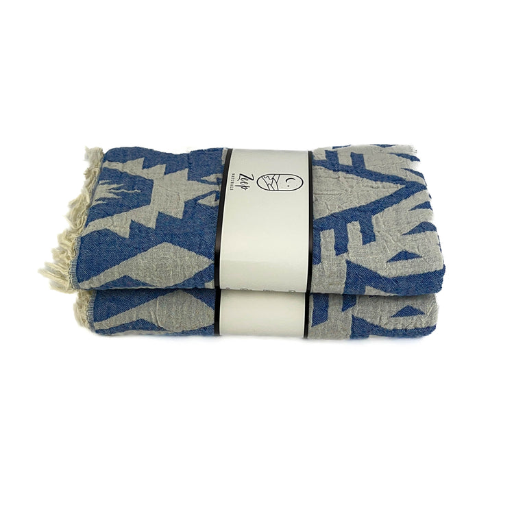 Zeep Naturals | Double Face Towels Traditional Kilim - Blue | Catskills-inspired artisan natural soaps, luxurious Turkish towels, bathrobes, throws, and bedding. Discover handmade coffee cups, milk dispensers, and olive wood kitchen utensils—crafted with care for your home