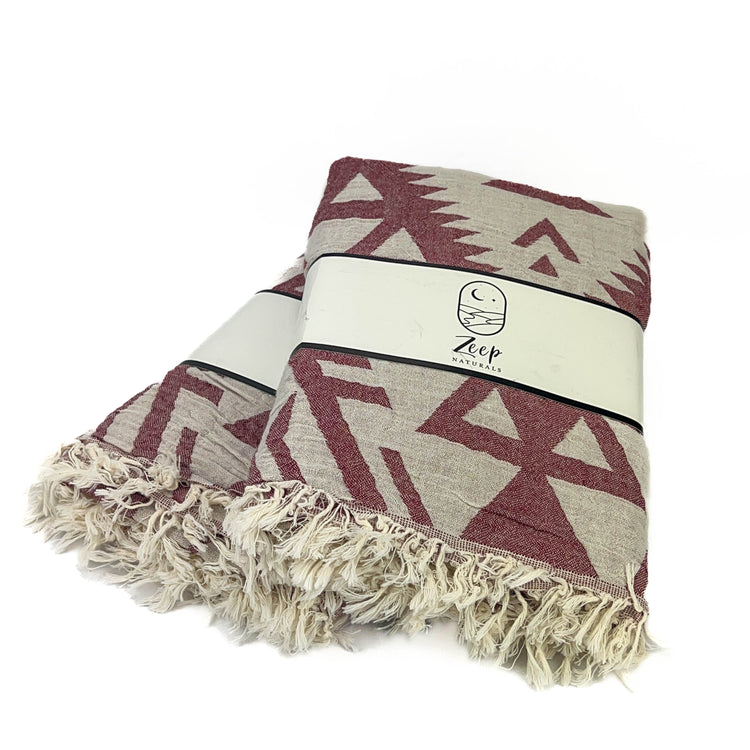 Zeep Naturals | Double Face Towels Traditional Kilim - Burgundy | Catskills-inspired artisan natural soaps, luxurious Turkish towels, bathrobes, throws, and bedding. Discover handmade coffee cups, milk dispensers, and olive wood kitchen utensils—crafted with care for your home