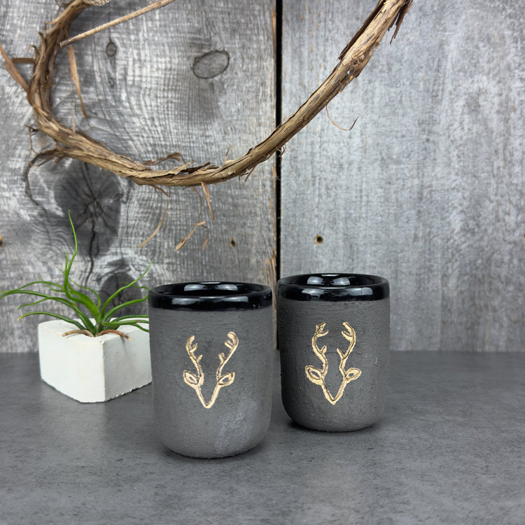 Zeep Naturals | Stoneware Handmade Espresso Cups Black Deer - No Handle | Catskills-inspired artisan natural soaps, luxurious Turkish towels, bathrobes, throws, and bedding. Discover handmade coffee cups, milk dispensers, and olive wood kitchen utensils—crafted with care for your home