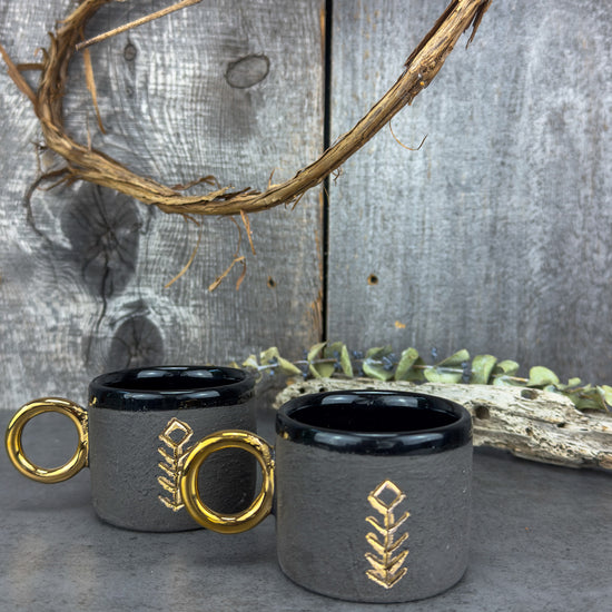 Zeep Naturals | Stoneware Handmade Espresso Cups Black Abundance - With Handle | Catskills-inspired artisan natural soaps, luxurious Turkish towels, bathrobes, throws, and bedding. Discover handmade coffee cups, milk dispensers, and olive wood kitchen utensils—crafted with care for your home