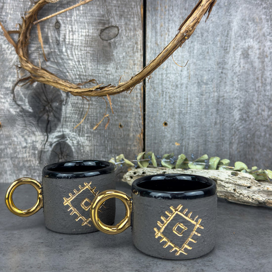 Zeep Naturals | Stoneware Handmade Espresso Cups Black Evil Eye - With Handle | Catskills-inspired artisan natural soaps, luxurious Turkish towels, bathrobes, throws, and bedding. Discover handmade coffee cups, milk dispensers, and olive wood kitchen utensils—crafted with care for your home