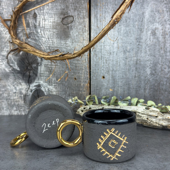 Zeep Naturals | Stoneware Handmade Espresso Cups Black Evil Eye - With Handle | Catskills-inspired artisan natural soaps, luxurious Turkish towels, bathrobes, throws, and bedding. Discover handmade coffee cups, milk dispensers, and olive wood kitchen utensils—crafted with care for your home