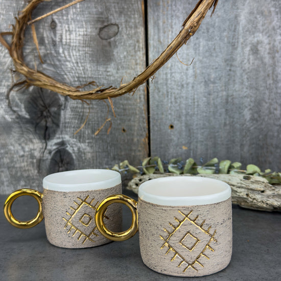 Zeep Naturals | Stoneware Handmade Espresso Cups Neutral Evil Eye - With Handle | Catskills-inspired artisan natural soaps, luxurious Turkish towels, bathrobes, throws, and bedding. Discover handmade coffee cups, milk dispensers, and olive wood kitchen utensils—crafted with care for your home