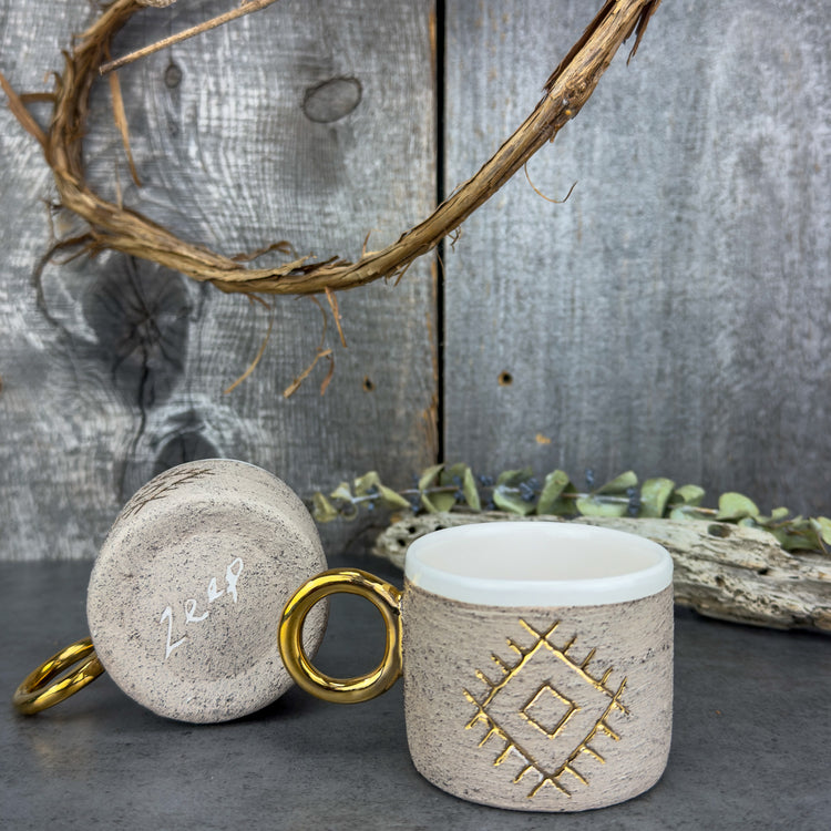 Zeep Naturals | Stoneware Handmade Espresso Cups Neutral Evil Eye - With Handle | Catskills-inspired artisan natural soaps, luxurious Turkish towels, bathrobes, throws, and bedding. Discover handmade coffee cups, milk dispensers, and olive wood kitchen utensils—crafted with care for your home